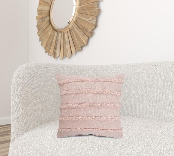 Fringe Striped 100% Cotton Pillow - 20" x 20", Pearl Blush & Peach - Image 7