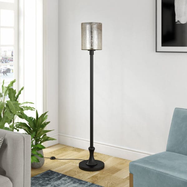 68" Black Torchiere Floor Lamp With Clear Transparent Glass Drum Shade - Image 7