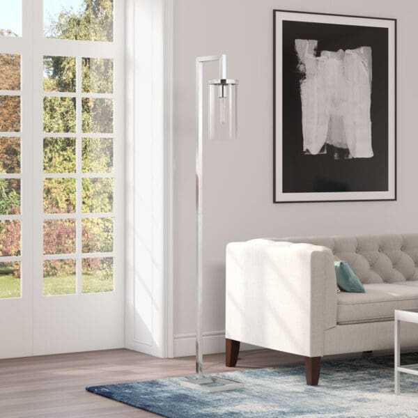 67" Nickel Reading Floor Lamp With Clear Transparent Glass Drum Shade - Image 7