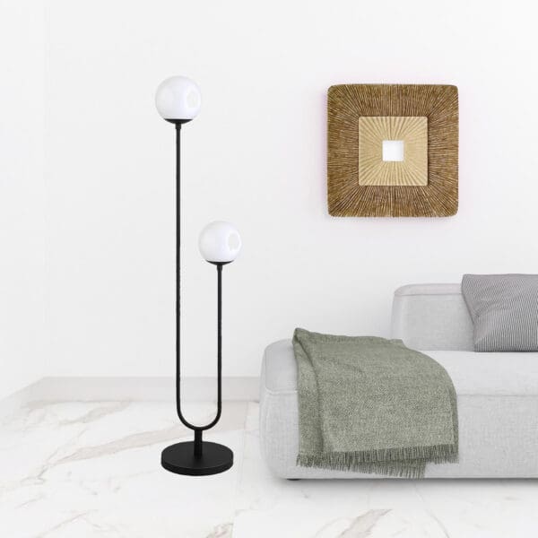 69" Black Two Light Novelty Floor Lamp With White Frosted Glass Globe Shade - Image 4