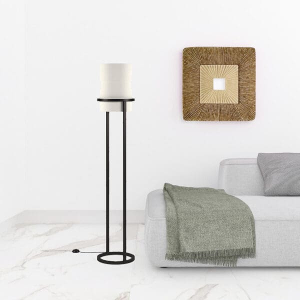 62" Black Column Floor Lamp With White Frosted Glass Drum Shade - Image 4