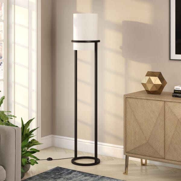 62" Black Column Floor Lamp With White Frosted Glass Drum Shade - Image 5