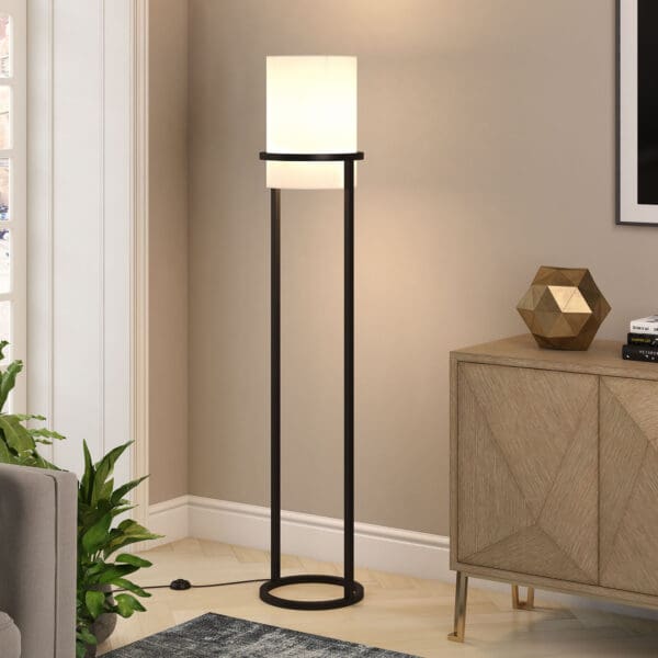 62" Black Column Floor Lamp With White Frosted Glass Drum Shade - Image 6