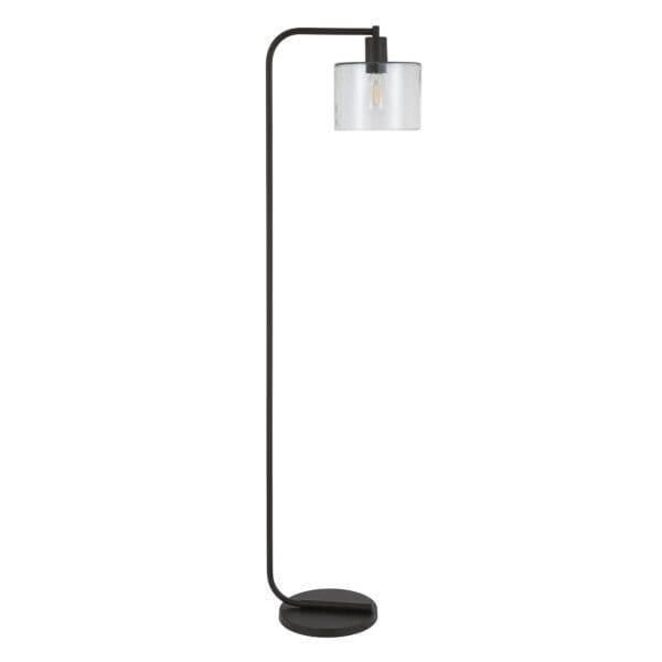 57" Black Arched Floor Lamp With Clear Seeded Glass Drum Shade - Image 2