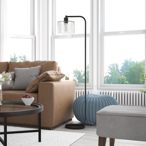 57" Black Arched Floor Lamp With Clear Seeded Glass Drum Shade - Image 6