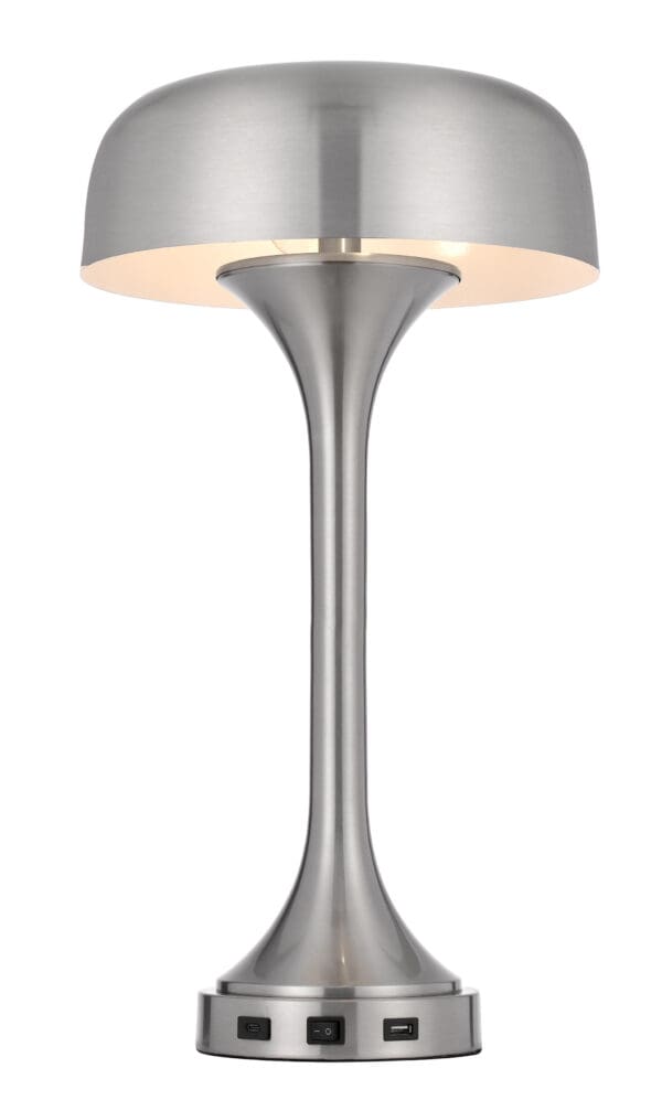 22" Nickel Metal Two Light Usb Table Lamp With Nickel Dome Shade - Image 2