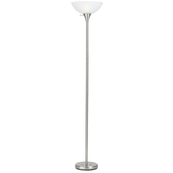 70" Nickel Torchiere Floor Lamp With White Frosted Glass Dome Shade