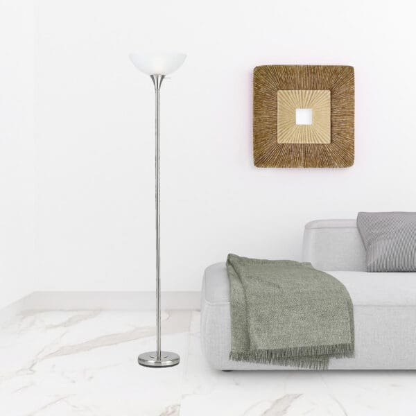 70" Nickel Torchiere Floor Lamp With White Frosted Glass Dome Shade - Image 4