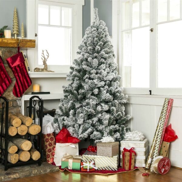 7.5 Foot Easy Set Up Snow Flocked Faux Pine Christmas Tree with Metal Stand - Image 2