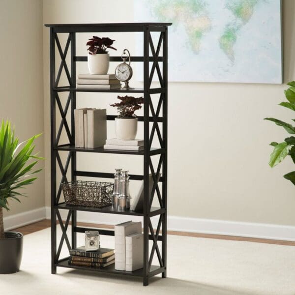 Tall 5-Tier Bookcase in Black Wood Finish - Image 2