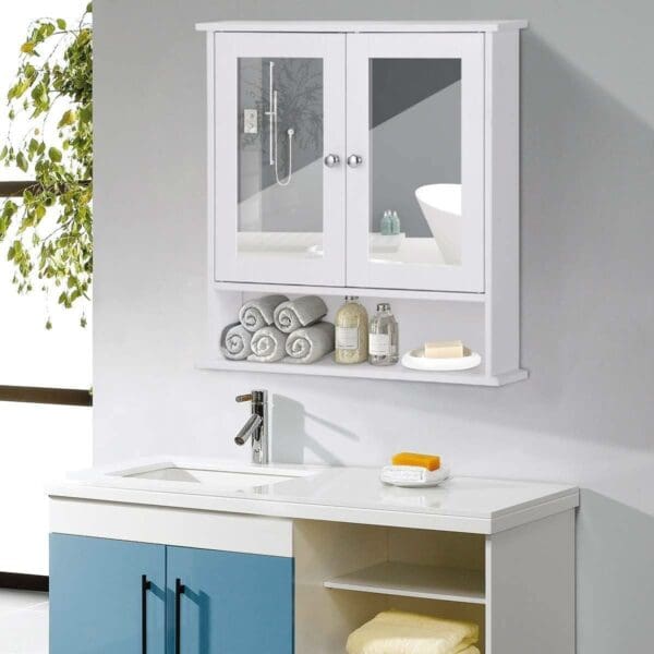 White Bathroom Wall Medicine Cabinet with Mirror and Open Shelf - Image 2