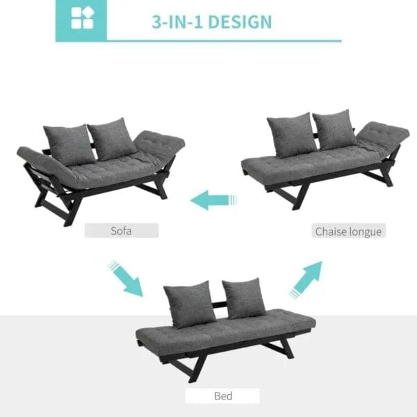 Charcoal/Black 3 In 1 Convertible Sofa Chaise Lounger Bed with  2 Large Pillows - Image 3