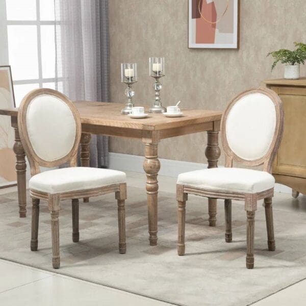 Set of 2 Vintage Upholstered Armless Curved Back Dining Chairs Creamy White - Image 2