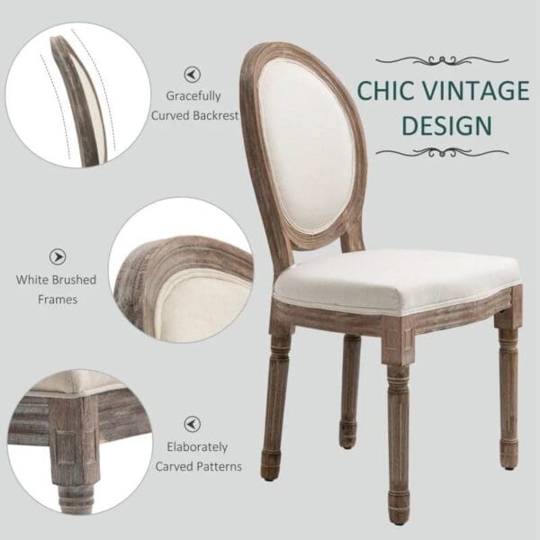 Set of 2 Vintage Upholstered Armless Curved Back Dining Chairs Creamy White - Image 3