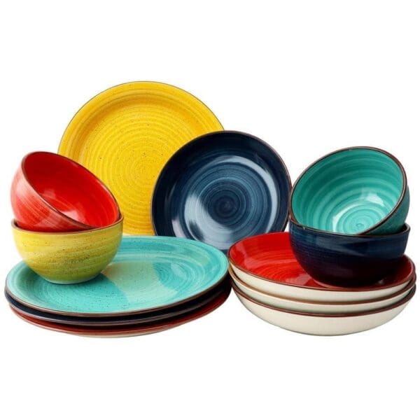 12-Piece Stoneware Dinnerware Set in Red Blue Green Yellow - Service for 4 - Image 2