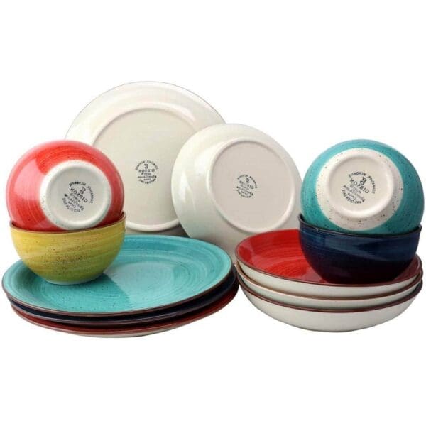 12-Piece Stoneware Dinnerware Set in Red Blue Green Yellow - Service for 4 - Image 3