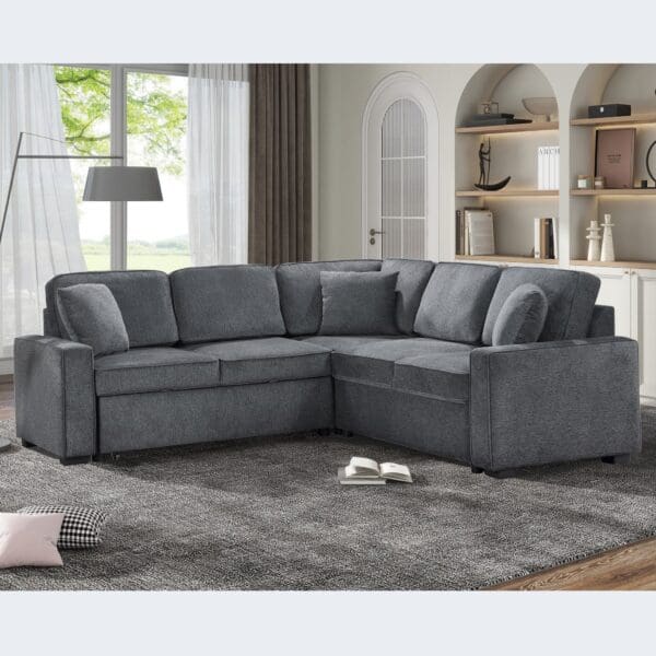 Modular Sofa, Sectional Couch L Shaped Sofa Couch with Pullout Sleeper, 5 Seat Chenille Corner Sofa for Living Room, 3 Pillows Included, Dark Gray - Image 2