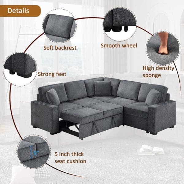 Modular Sofa, Sectional Couch L Shaped Sofa Couch with Pullout Sleeper, 5 Seat Chenille Corner Sofa for Living Room, 3 Pillows Included, Dark Gray - Image 3