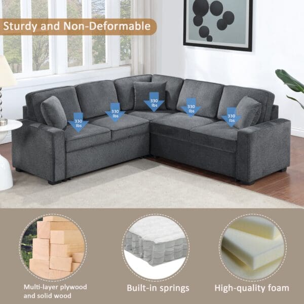 Modular Sofa, Sectional Couch L Shaped Sofa Couch with Pullout Sleeper, 5 Seat Chenille Corner Sofa for Living Room, 3 Pillows Included, Dark Gray - Image 4