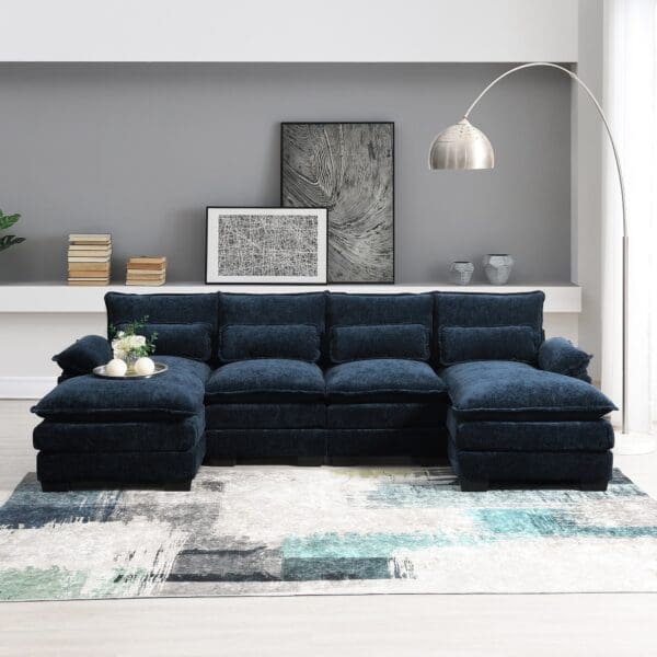 Modern U-shaped Sectional Sleeper Sofa - Blue Chenille