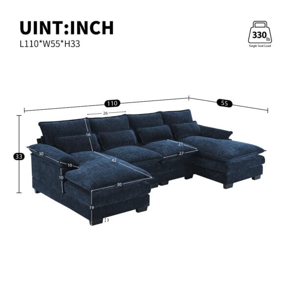 Modern U-shaped Sectional Sleeper Sofa - Blue Chenille - Image 2