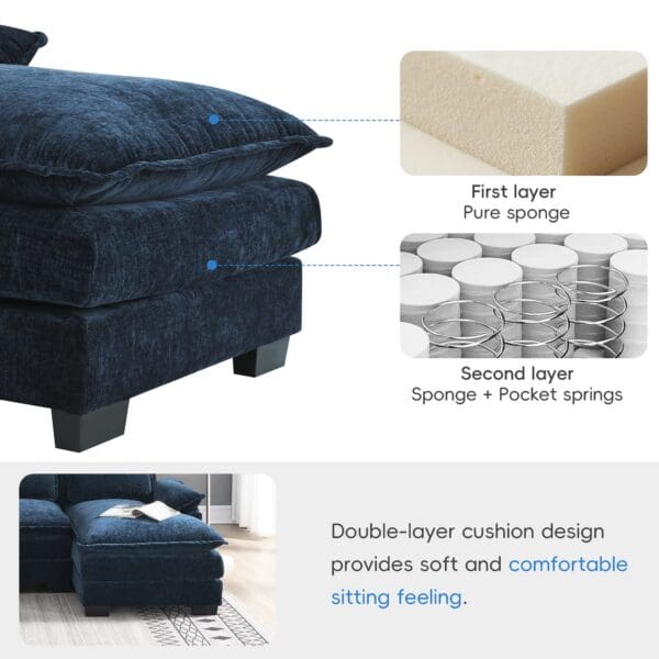 Modern U-shaped Sectional Sleeper Sofa - Blue Chenille - Image 3