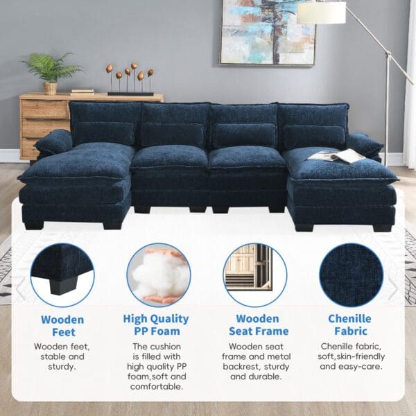 Modern U-shaped Sectional Sleeper Sofa - Blue Chenille - Image 4