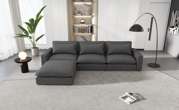 128" Sectional Sofa Cloud Sofa Chenille Upholstered Sofa Couch with Movable Ottoman, Comfortable Seat Cushions, Charging Ports and Three Back Pillows for Living Room, Grey