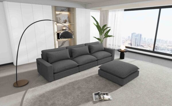 128" Sectional Sofa Cloud Sofa Chenille Upholstered Sofa Couch with Movable Ottoman, Comfortable Seat Cushions, Charging Ports and Three Back Pillows for Living Room, Grey - Image 2