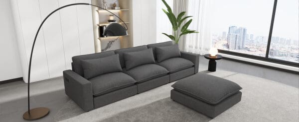 128" Sectional Sofa Cloud Sofa Chenille Upholstered Sofa Couch with Movable Ottoman, Comfortable Seat Cushions, Charging Ports and Three Back Pillows for Living Room, Grey - Image 4