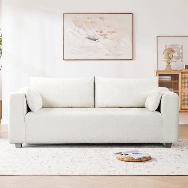 Modern Loop Yarn Fabric Sofa with Extra Wide Domed Arms & 2 Pillows