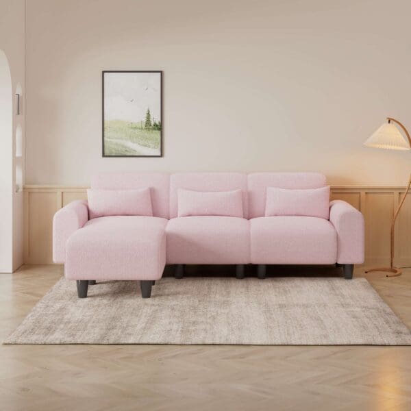 The 84.6-inch pink teddy fleece creative sofa can be assembled into a two-seater sofa plus a single couch with three waist pillows to perfectly stretch your waist for small apartment bedroom Spaces