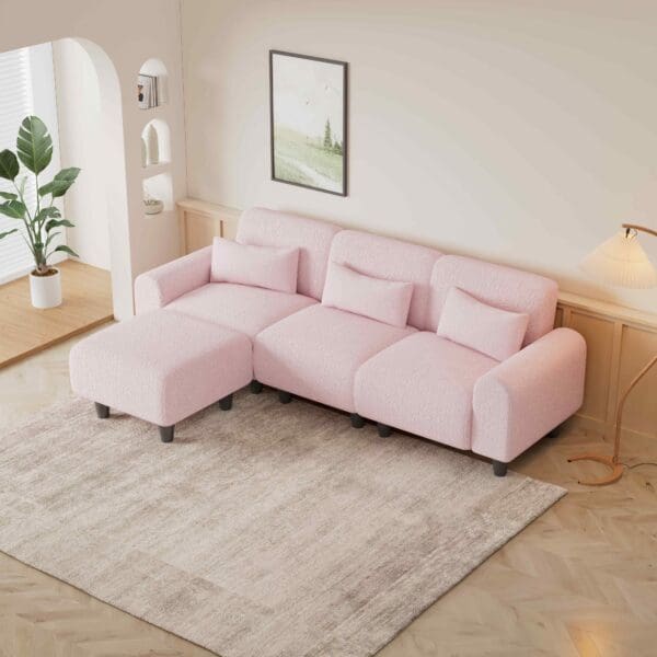 The 84.6-inch pink teddy fleece creative sofa can be assembled into a two-seater sofa plus a single couch with three waist pillows to perfectly stretch your waist for small apartment bedroom Spaces - Image 2