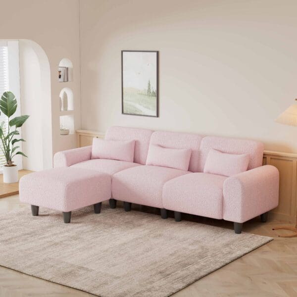 The 84.6-inch pink teddy fleece creative sofa can be assembled into a two-seater sofa plus a single couch with three waist pillows to perfectly stretch your waist for small apartment bedroom Spaces - Image 3