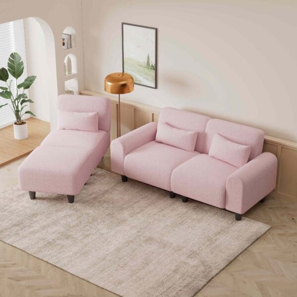 The 84.6-inch pink teddy fleece creative sofa can be assembled into a two-seater sofa plus a single couch with three waist pillows to perfectly stretch your waist for small apartment bedroom Spaces - Image 4