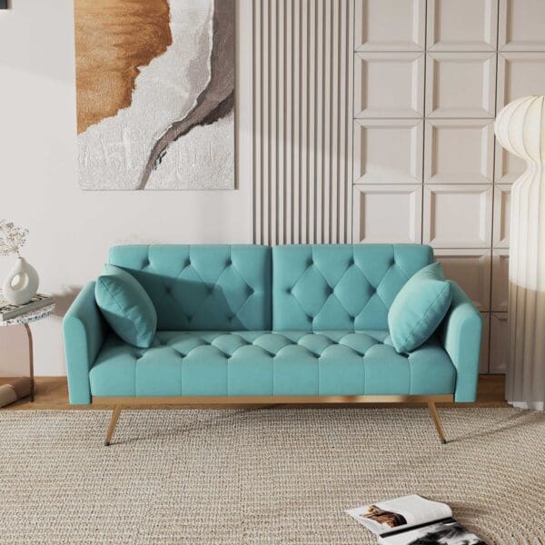 68.3" Baby Blue velvet nail head sofa bed with throw pillow and midfoot