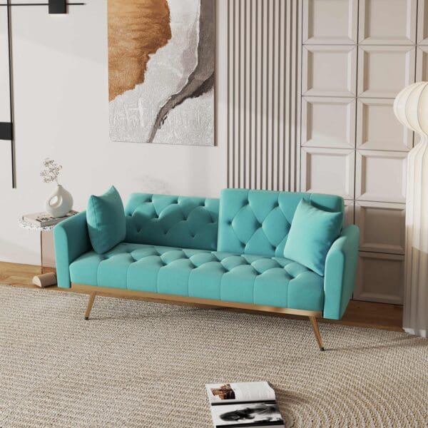 68.3" Baby Blue velvet nail head sofa bed with throw pillow and midfoot - Image 2