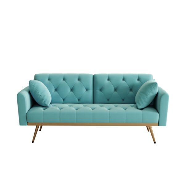 68.3" Baby Blue velvet nail head sofa bed with throw pillow and midfoot - Image 3