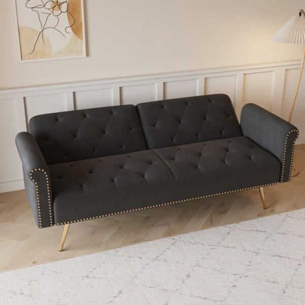 69.7-inch black velvet nail head sofa bed with throw pillow - Image 3