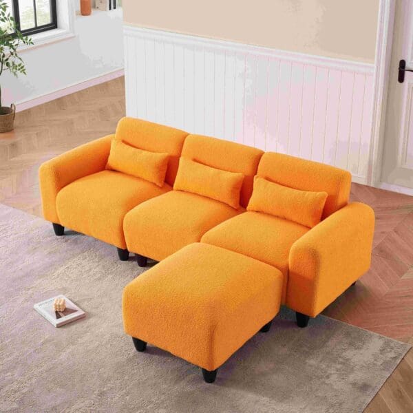 The 84.6-inch orange teddy fleece creative sofa can be assembled into a two-seater sofa with a single couch with three waist pillows to perfectly stretch your waist for small apartment bedroom Spaces - Image 2