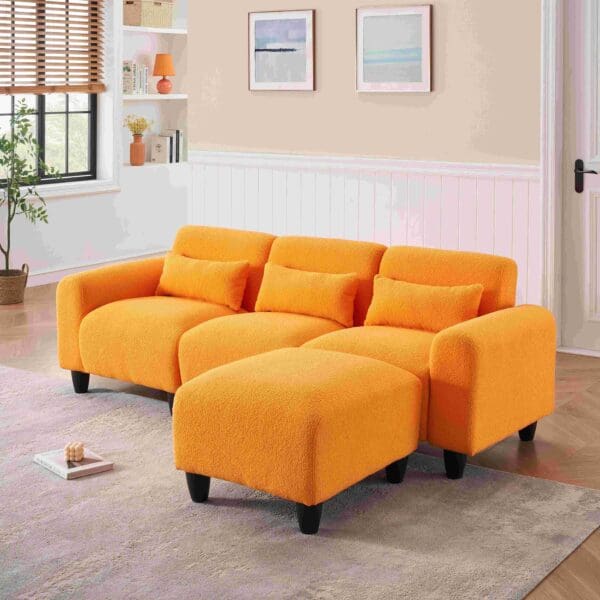 The 84.6-inch orange teddy fleece creative sofa can be assembled into a two-seater sofa with a single couch with three waist pillows to perfectly stretch your waist for small apartment bedroom Spaces - Image 3