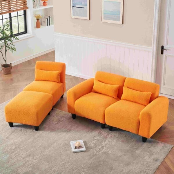 The 84.6-inch orange teddy fleece creative sofa can be assembled into a two-seater sofa with a single couch with three waist pillows to perfectly stretch your waist for small apartment bedroom Spaces - Image 4