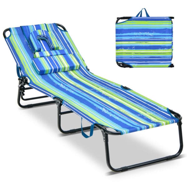 Folding Beach Lounge Chair with Removable Pillow - Blue & Green, or Blue