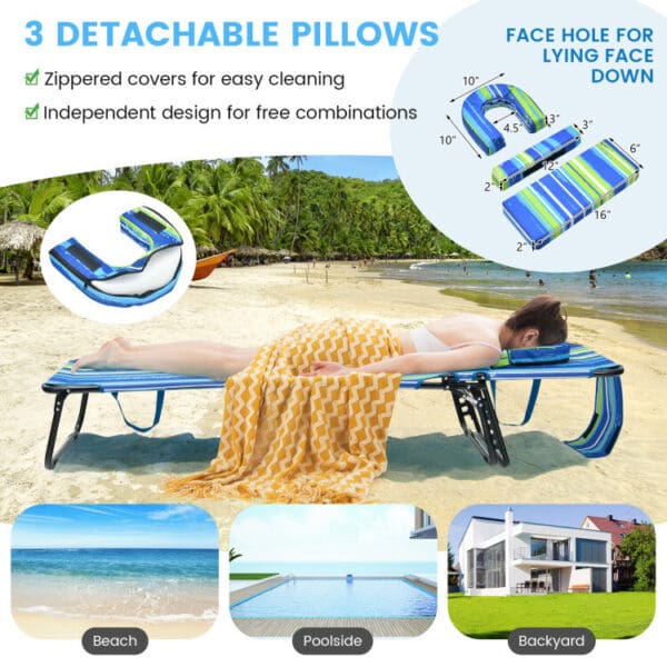 Folding Beach Lounge Chair with Removable Pillow - Blue & Green, or Blue - Image 3