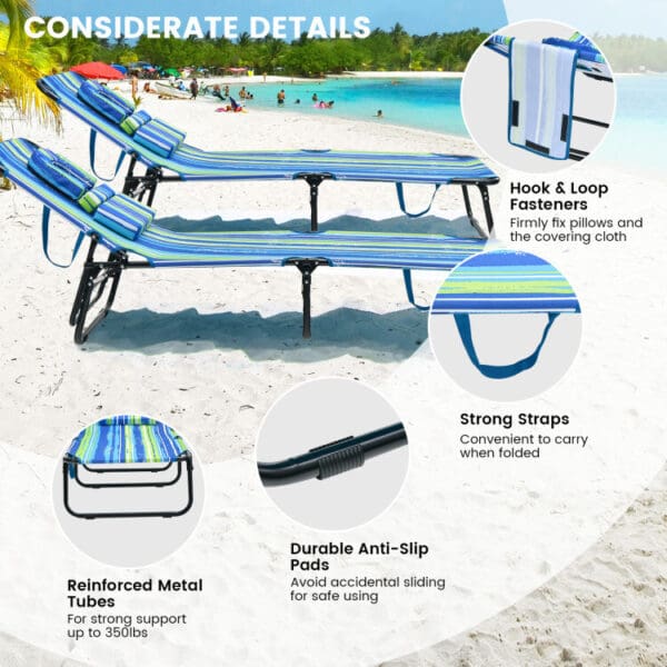 Folding Beach Lounge Chair with Removable Pillow - Blue & Green, or Blue - Image 4