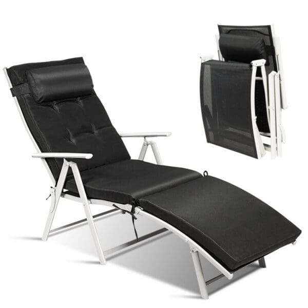 Adjustable Outdoor Lightweight Folding Chaise Lounge Chair with Pillow - Black