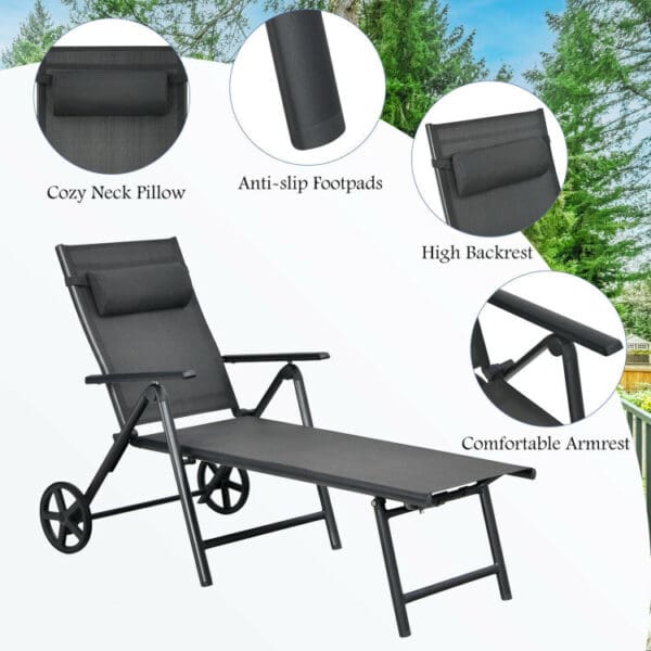 Patio Lounge Chair with Wheels, includes Adjustable Aluminum Frame and Neck Pillow - Image 2