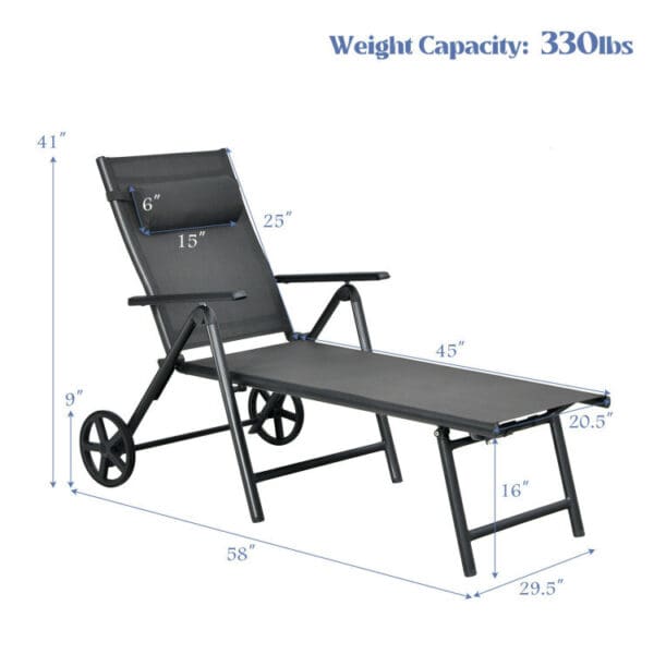 Patio Lounge Chair with Wheels, includes Adjustable Aluminum Frame and Neck Pillow - Image 3