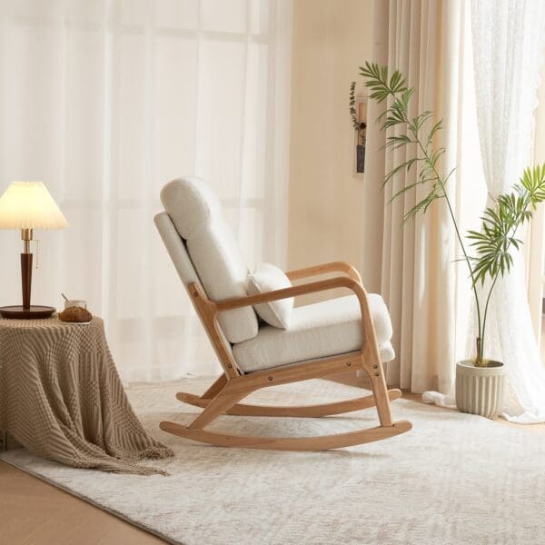 High Back Solid Wood Indoor Rocking Chair with Iron Frame & Pillow - Off-White Teddy Fleece