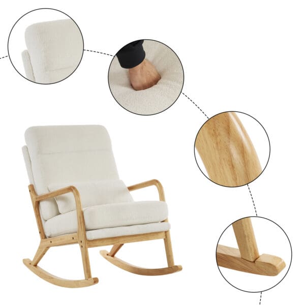 High Back Solid Wood Indoor Rocking Chair with Iron Frame & Pillow - Off-White Teddy Fleece - Image 2